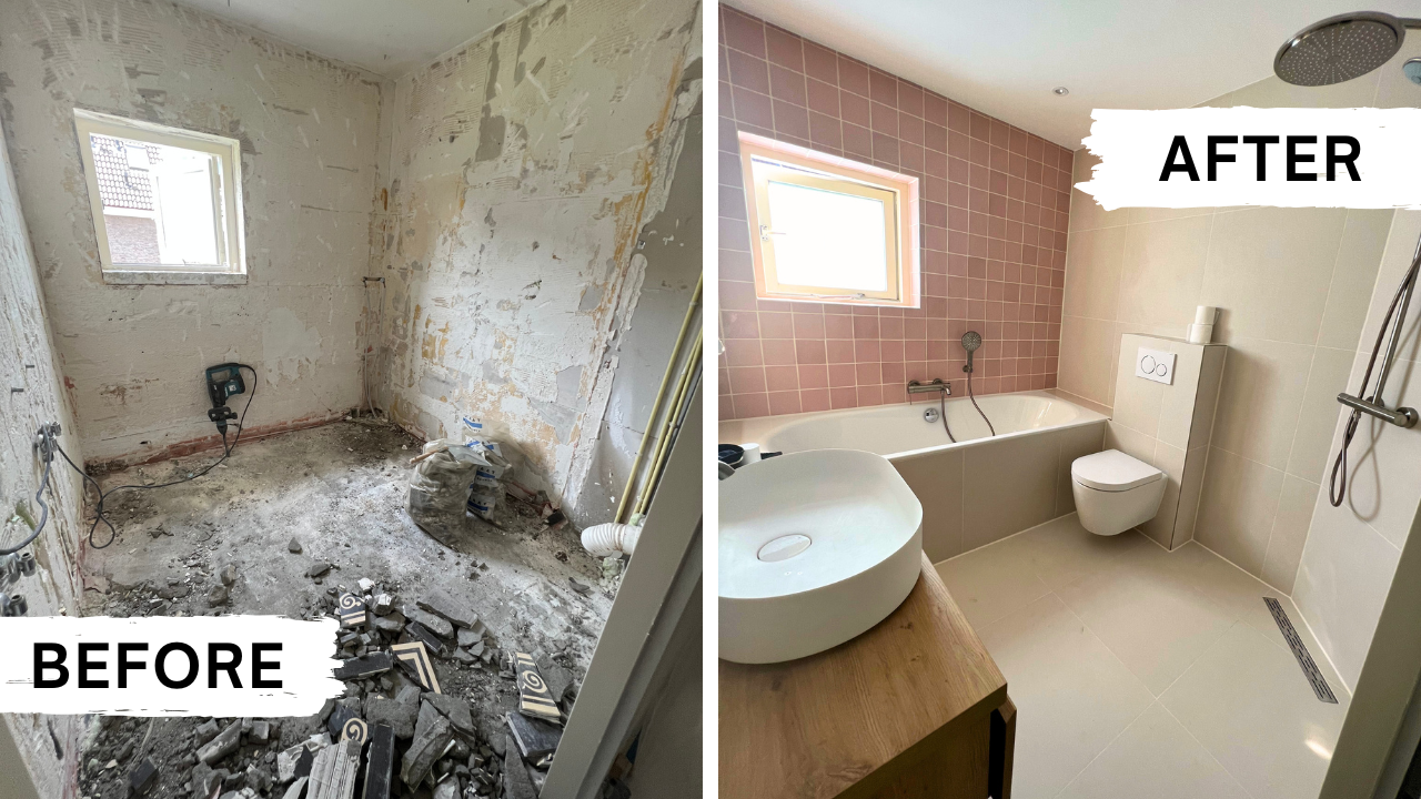 Voor en na van een door Droomhuis gerenoveerde badkamer
